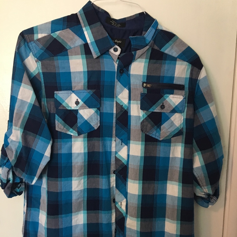 Blue plaid button down shirt